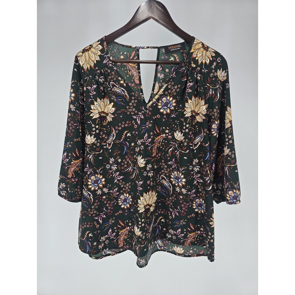Renee C Blouse Womens Medium Green Floral Print 3/4 Sleeve Keyhole Top USA